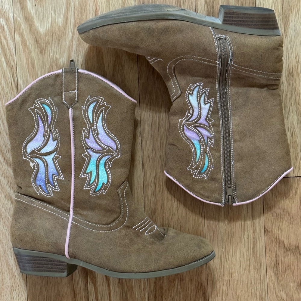Magellan Outdoors Brown Cowboy Kids Boots with Purple and Blue Accents